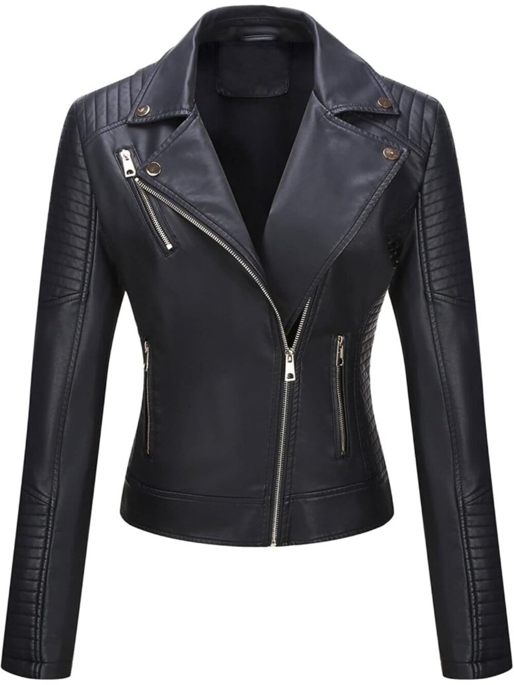 Women’s Faux Leather Moto Jacket Lightweight Casual Biker Coat- 01 black